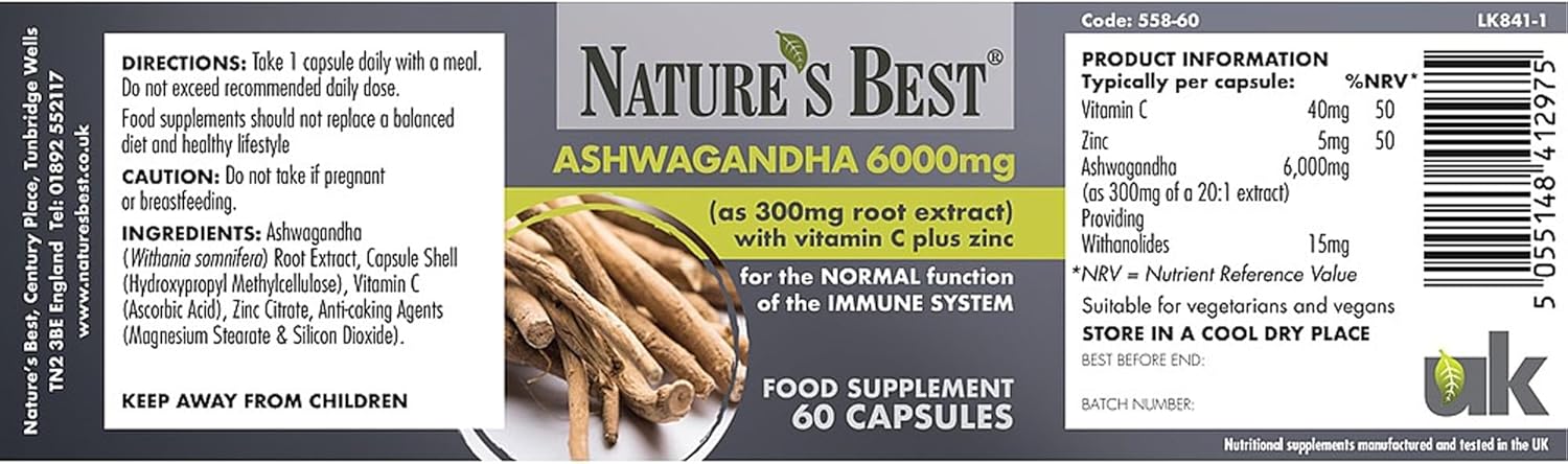 Ashwagandha 6000mg with 5% withanolides, key ‘actives’ | for normal psychological function/normal function of The nervous system |60 Vegan capsules 1-a-day, 2 month’s supply | UK Made : Amazon.co.uk: Health & Personal Care