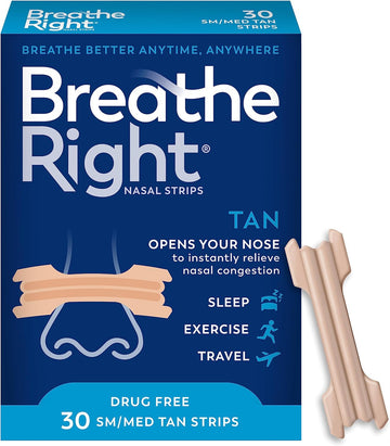 Breathe Right Original Nasal Strips | Tan Nasal Strips | Sm/Med | Help Stop Snoring | Drug-Free Snoring Solution & Instant Nasal Congestion Relief Caused By Colds & Allergies 30ct (packaging may vary)