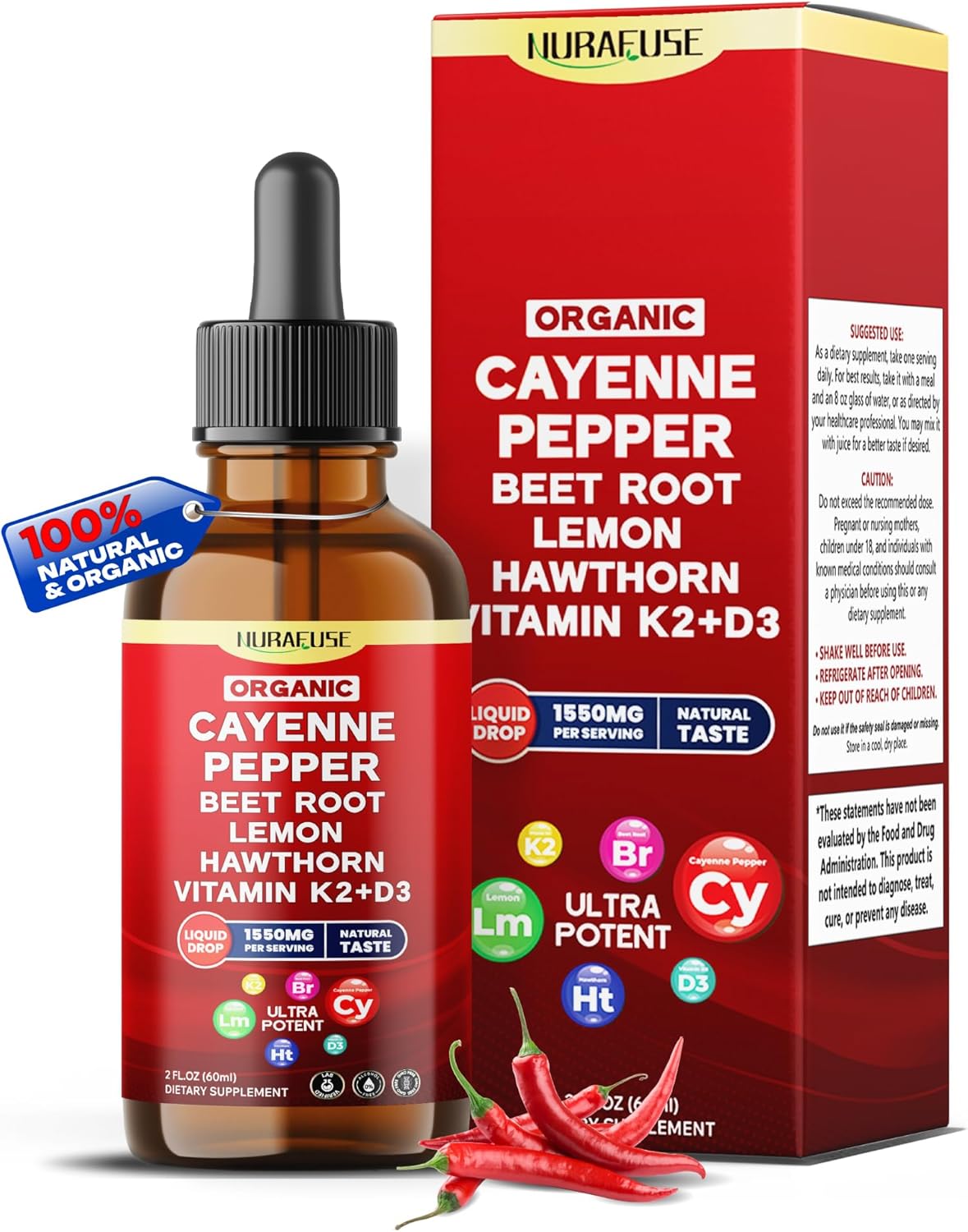 Organic Cayenne Pepper, Beet Root, Lemon, Hawthorn, Vitamin K2+D3 Liquid Drops – 1500Mg Per Serving, Ultra Potent, Usa Made & Lab Tested – 2 Fl Oz (60Ml)