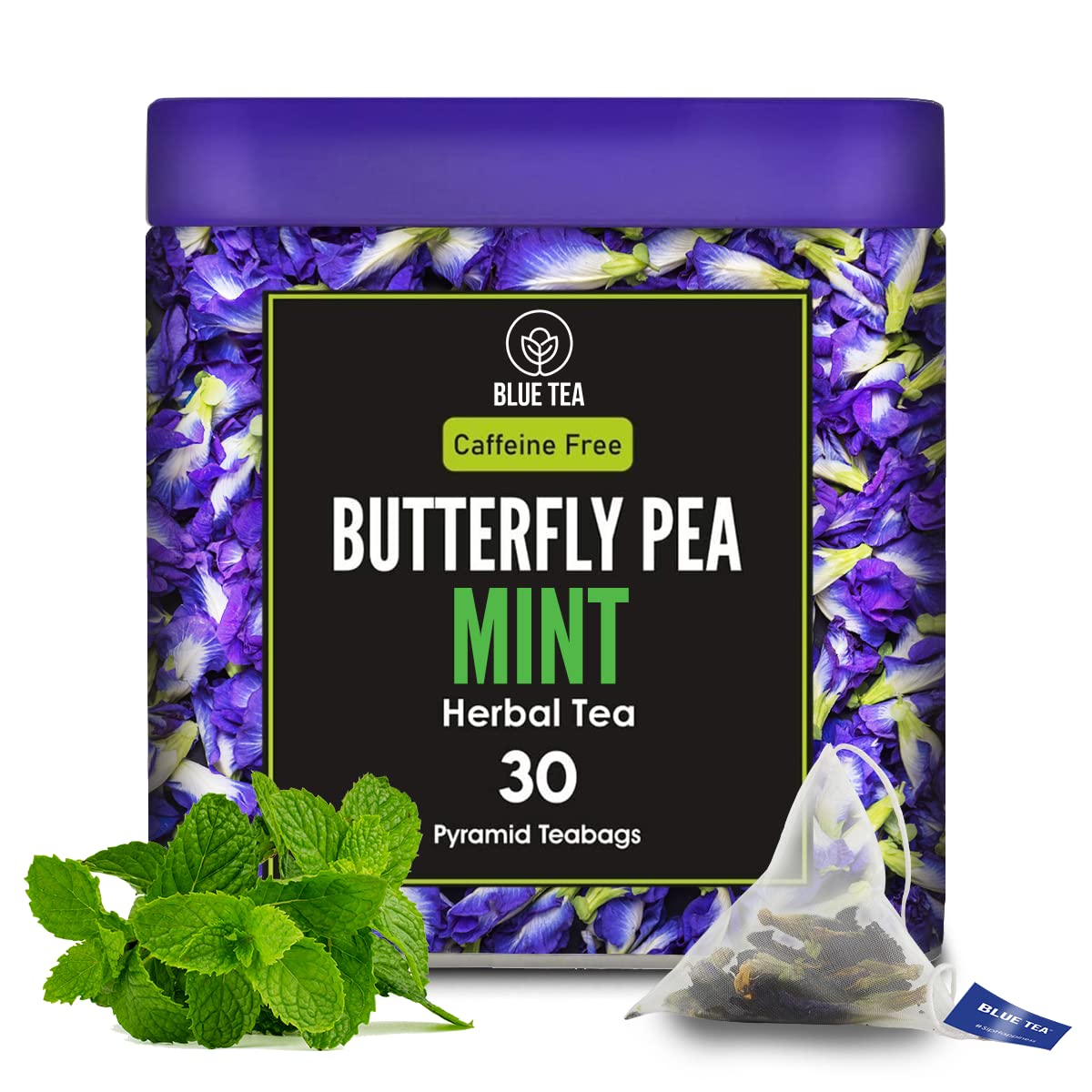 Blue Tea - Butterfly Pea Flower Tea - Mint - 30 Count | Refreshing Blend | Anti-Oxidant - Flower Based - Herbal Tea - Caffeine-Free - 100% Natural - Non-Gmo - Vegan | Eco-Conscious Tin Pack