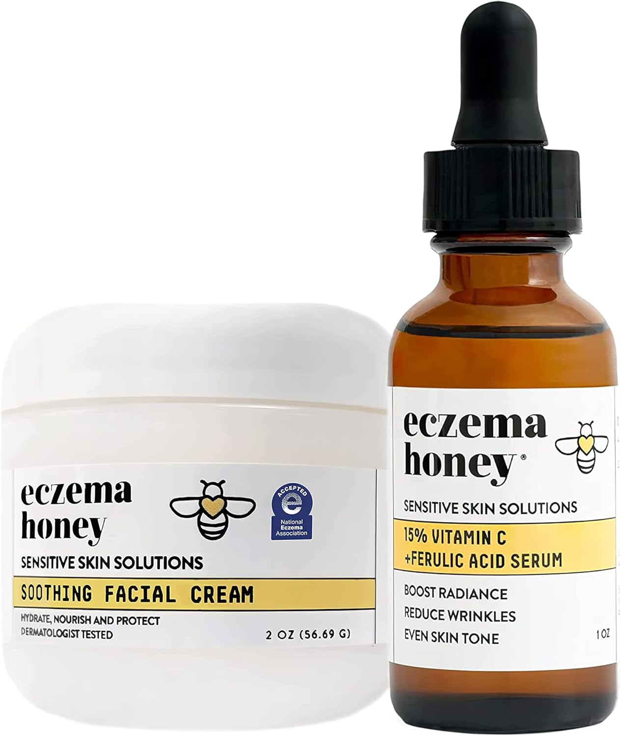 Eczema Honey Soothing Facial Cream & 15% Vitamin C + Ferulic Acid Serum - Bundle For Sensitive & Dry Skin - Cruelty Free