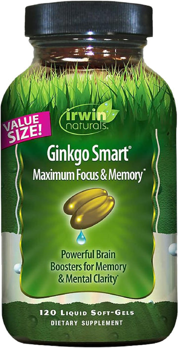 Irwin Naturals Ginkgo Smart Powerful Nootropic Brain Booster - Supports Maximum Memory, Focus & Mental Clarity with DMAE, Clubmoss, Choline & Acetyl L-Carnitine - 120 Liquid Softgels