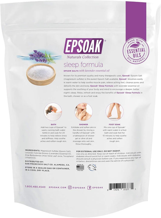 Epsoak Epsom Salt 2 Lb. Magnesium Sulfate Usp. (Qty. 1 X 2Lb. Bag), Lavender Sleep Formula, Resealable Epsom Salt Bag, Made In The Usa, Cruelty-Free Certified