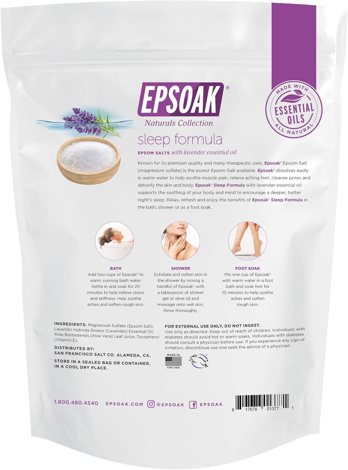 Epsoak Epsom Salt 5 lb. Magnesium Sulfate USP. (Qty. 1 x 5lb. Bag), Lavender Sleep Formula, Resealable Epsom Salt Bag, Made in The USA, Cruelty-Free Certified : Beauty & Personal Care