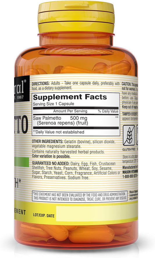 MASON NATURAL Saw Palmetto 500 mg - Promotes Healthy Prostate Function, DHT Blocker, May Relieve Urinary Frequency Issues, 60 Capsules