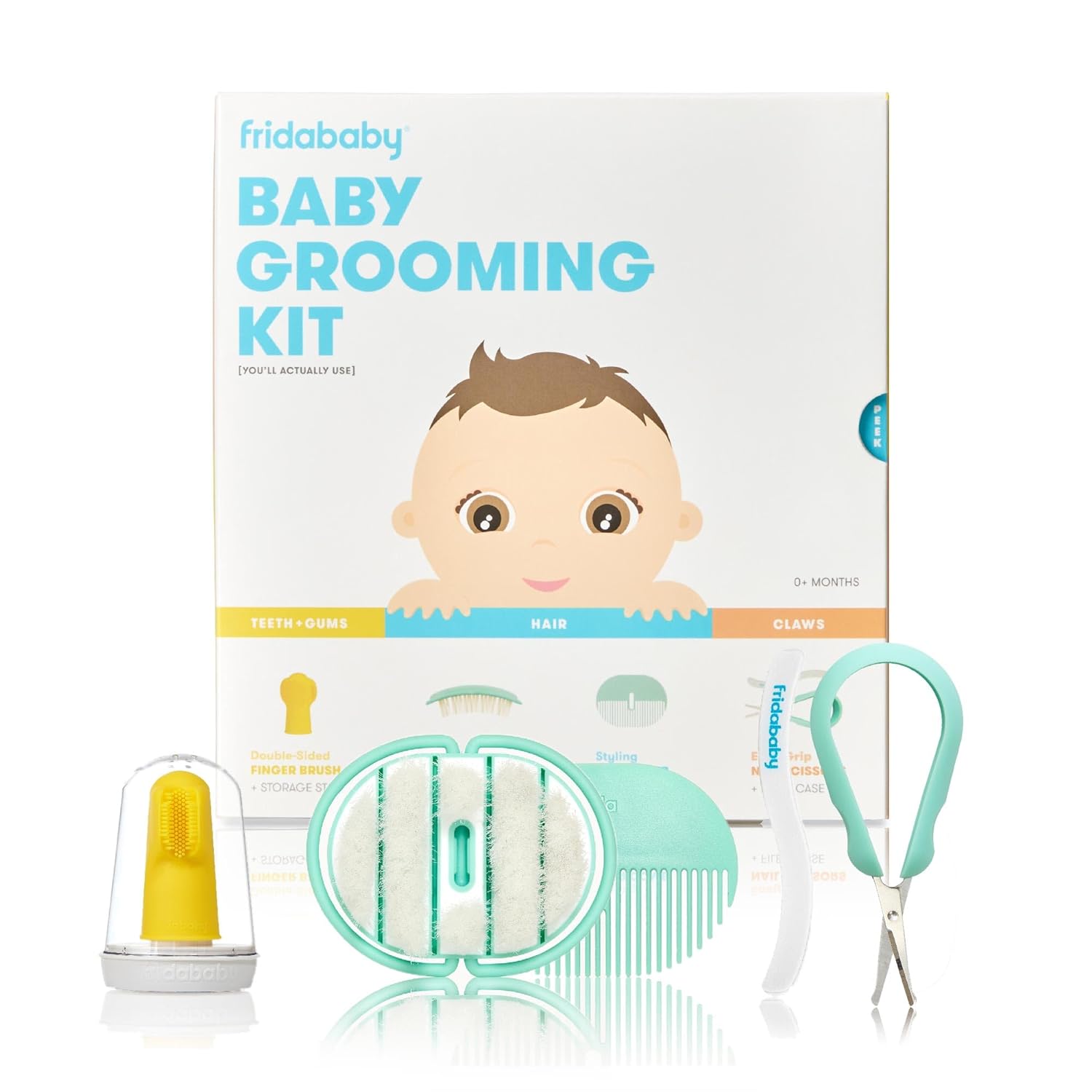 Frida Baby Grooming Kit | Baby Essentials Gift Set Includes Finger Brush With Storage Stand, Hair Brush With Case, Styling Hair Comb, Easy Grip Nail Scissors With Nail File And Case