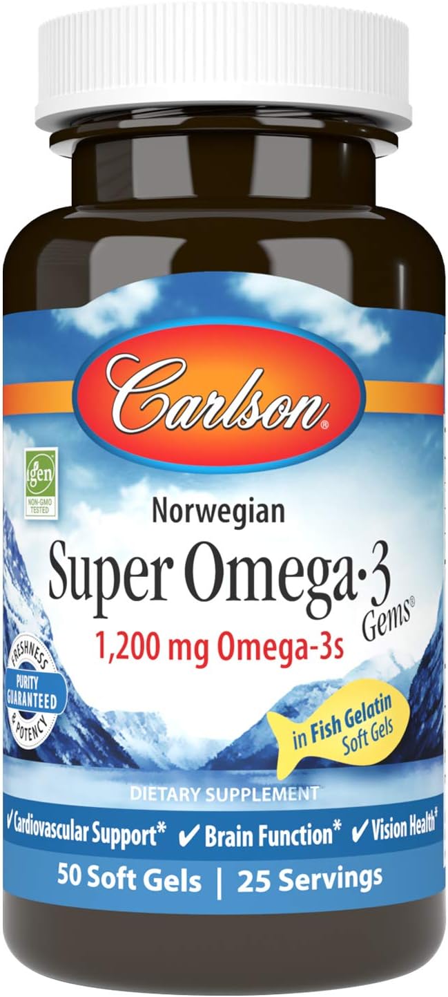 Carlson - Super Omega-3 Gems, 1200 Mg Omega-3S, Cardiovascular Support, Brain Function & Vision Health, Norwegian, 180 Soft Gels