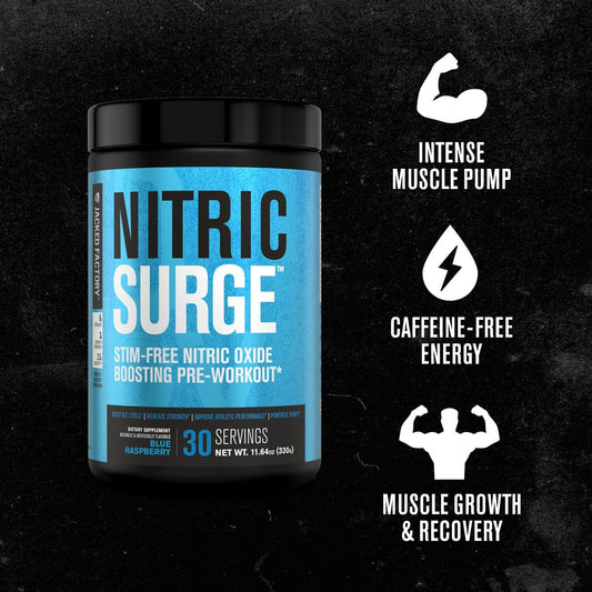 Jacked Factory Nitric Surge Stim Free Pre Workout Powder - Caffeine-Free Nitric Oxide Supplement W/Con-Cret Creatine, L Citrulline, & Glycersize Glycerol - Cherry Kiwi, 30 Servings