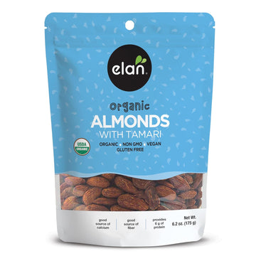 Elan Organic Almonds with Tamari (Soy Sauce), 6.2 oz, Salty Snacks, Non-GMO, Gluten-Free, Vegan, Kosher, Savory Snacks, Seasoned Nuts, High in Fiber