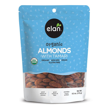 Elan Organic Almonds With Tamari (Soy Sauce), 6.2 Oz, Salty Snacks, Non-Gmo, Gluten-Free, Vegan, Kosher, Savory Snacks, Seasoned Nuts, High In Fiber