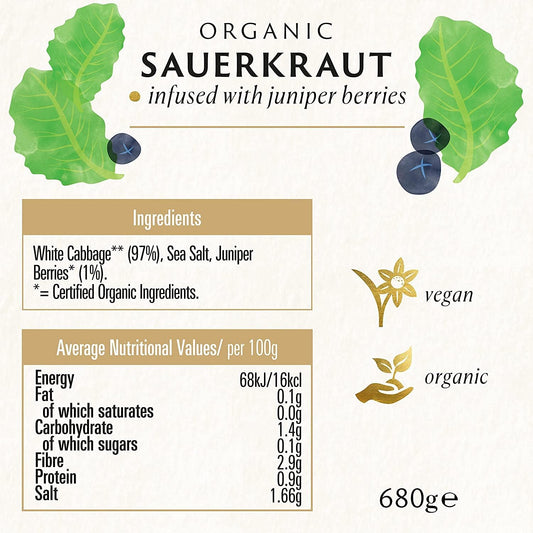 Biona Organic Sauerkraut Multipack 6x680g - Infused with Juniper Berries - Fresh, Naturally Fermented Organic White Cabbage - Pasteurised - High in Protein, Naturally Vegan - No Additives