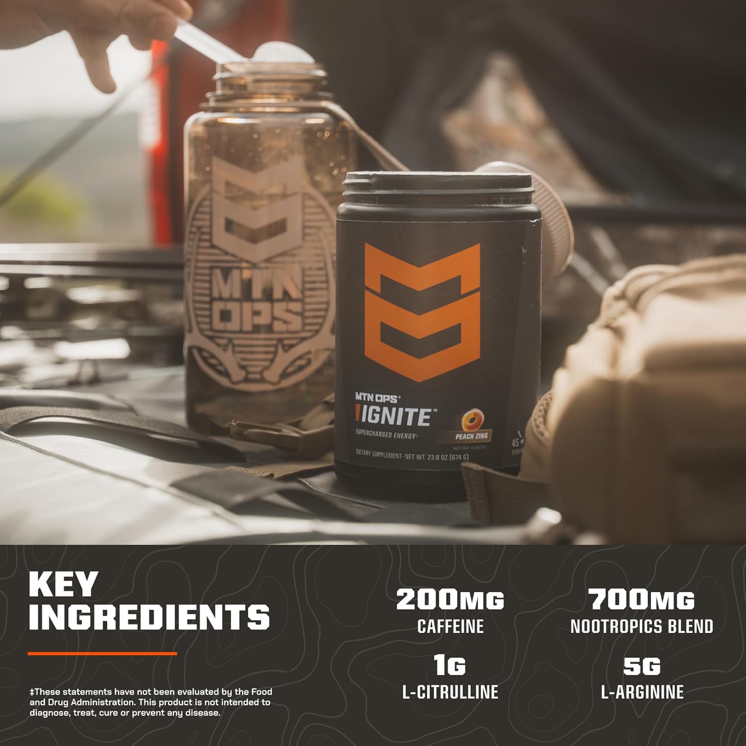 Mtn Ops Ignite Energy Drink Powder, Gluten Free Nootropic Supplement Drink Mix, L Arginine, L Citrulline, Caffeine & Nootropic Sugar Free Drink Mix, 45 Servings, Peach Zing : Health & Household
