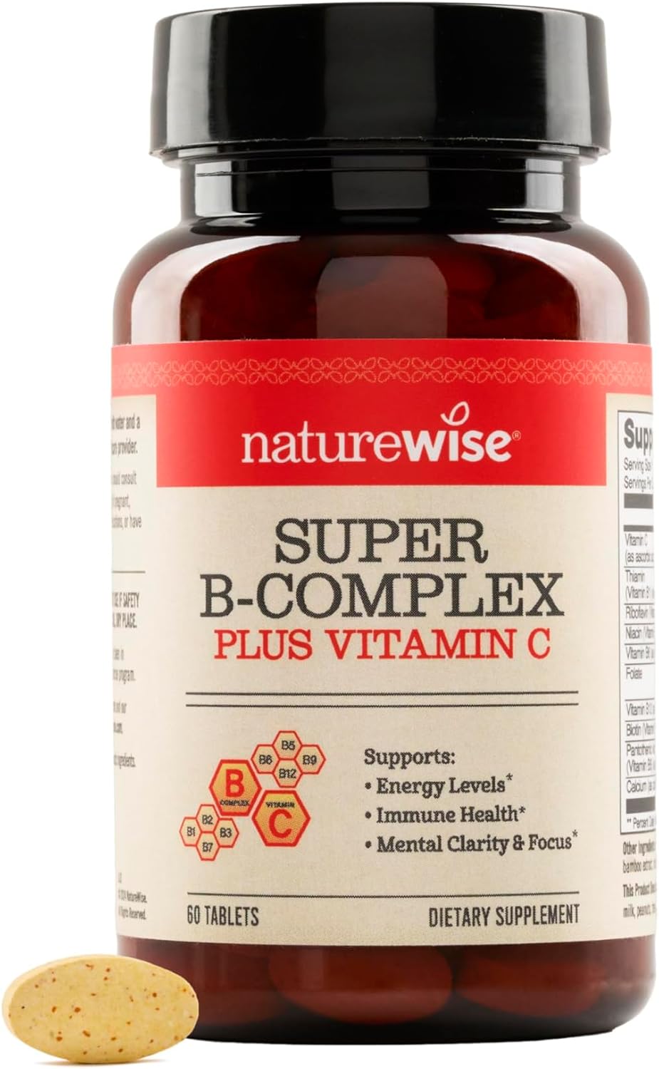 Naturewise Super Vitamin B Complex For Women And Men - With Vitamin C, Folic Acid Biotin B1 B2 B3 B6 B12 - Support Cellular Energy & Mental Clarity - Vegan, Gluten & Dairy Free, Non-Gmo - 60 Tablets