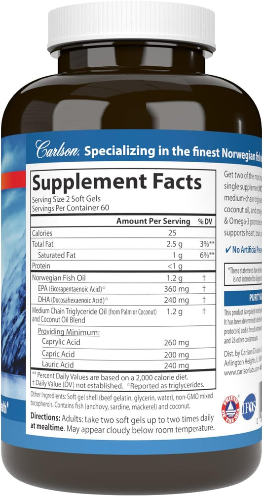 Carlson - Mct & Omega-3, Coconut Oil, Caprylic & Capric Acids, Epa & Dha, Energy Production, Fat Metabolism & Brain Health, 120 Softgels