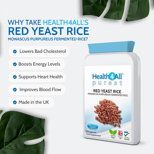 Health4All Red Yeast Rice 600Mg 120 Capsules. High In Monacolin K. Cholesterol Lowering Supplement. Purest - No Additives. Vegan