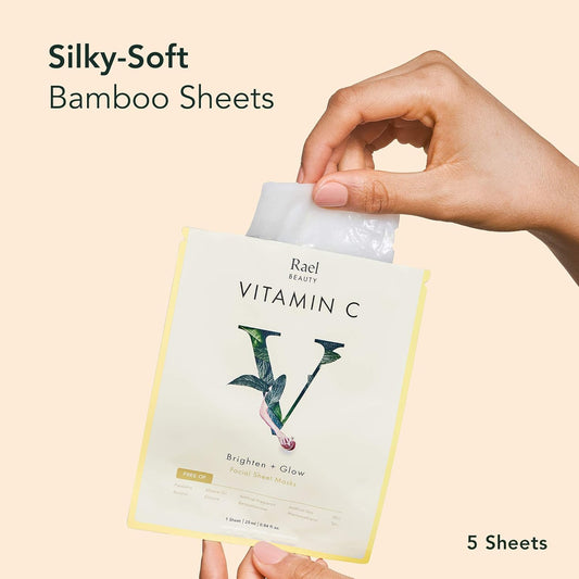 Rael Face Mask Skin Care, Vitamin C Face Masks - Bamboo Facial Sheet Mask with Brightening Vitamin C Serum for Face, with and Fruit Extracts, All Skin Types (Vitamin C, 5 Sheets)