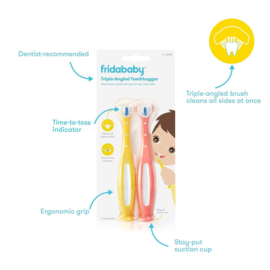 Frida Baby Triple-Angle Toothhugger Training Toddler Toothbrush | Toddler Toothbrush 2 Years And Up, Cleans All Sides At Once | 2 Pack (Yellow + Pink)