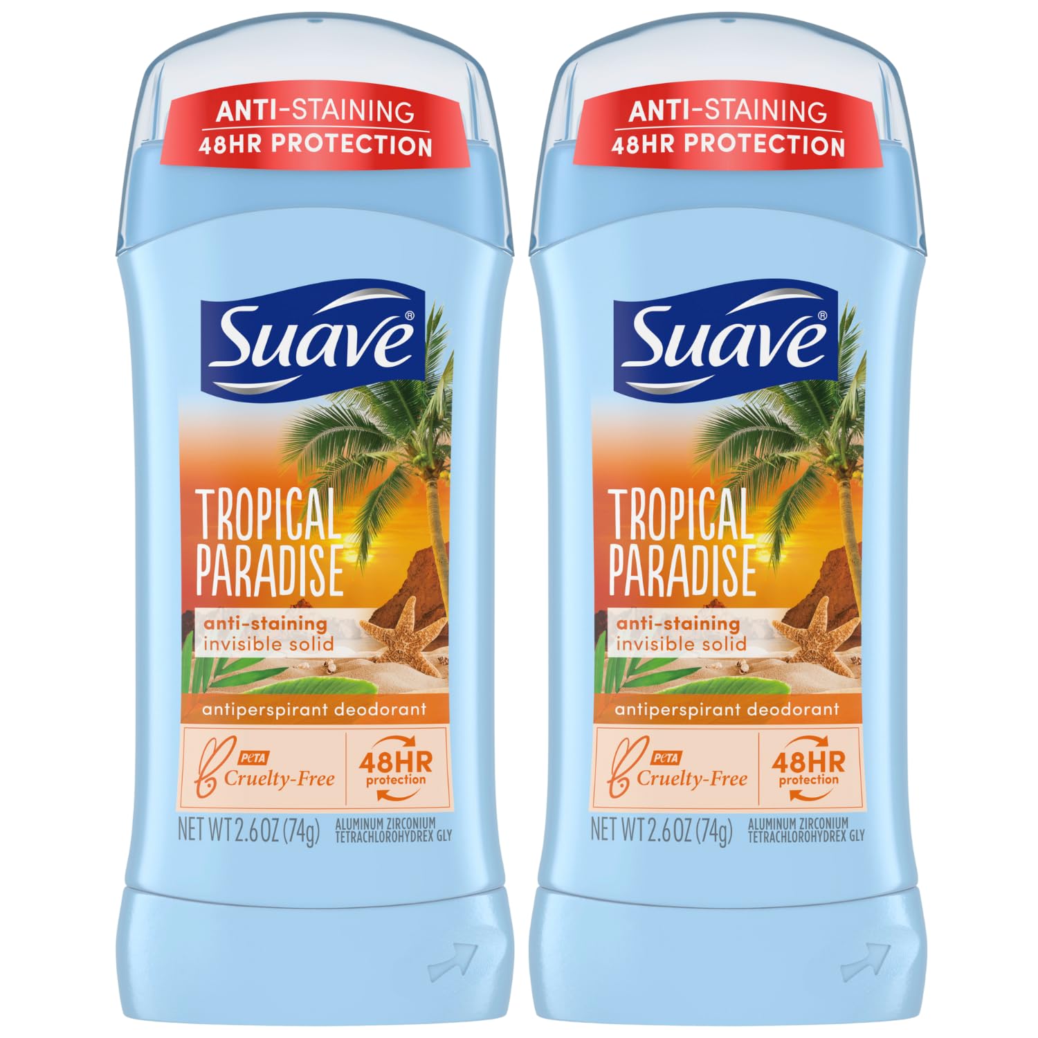 Suave Deodorant for Women, Tropical Paradise – Invisible Solid Antiperspirant Deodorant Stick, 48H Protection, Anti-Staining, Cruelty-Free, Scented, 2.6 Oz (Pack of 2)