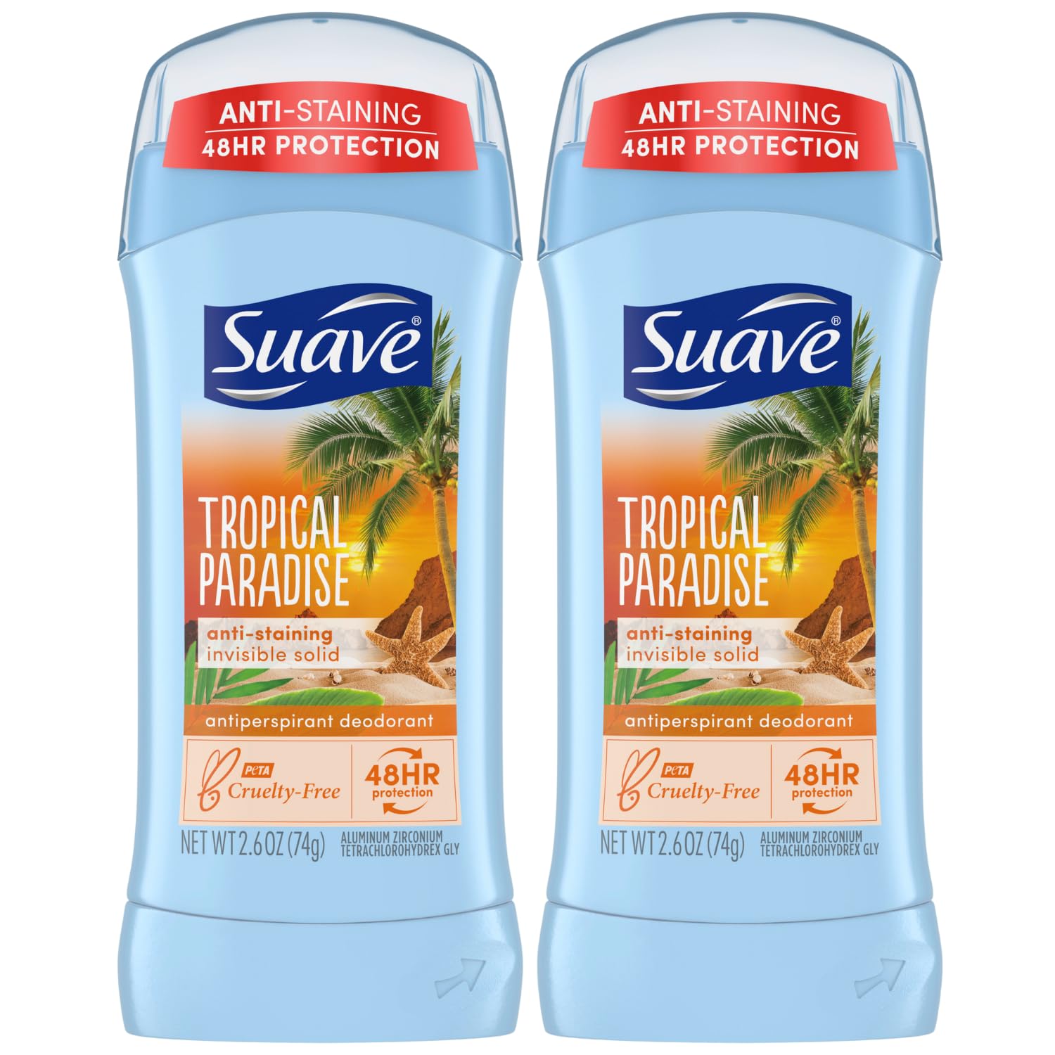 Suave Deodorant For Women, Tropical Paradise – Invisible Solid Antiperspirant Deodorant Stick, 48H Protection, Anti-Staining, Cruelty-Free, Scented, 2.6 Oz (Pack Of 2)