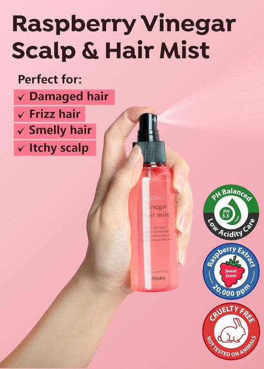 A'Pieu Raspberry Vinegar Hair Mist (3.55 Fl Oz) Scalp Hair Care Mist, Hair Perfume, Frizz-Free, Refreshing Floral Scent All Day, Non-Sticky