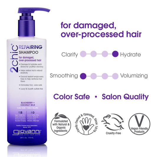 Giovanni 2Chic Ultra-Repairing Shampoo - For Damaged, Over-Processed Hair, Helps Restore Hair'S Natural Elasticity, Blackberry & Coconut Oil, Argan, Shea Butter, Color Safe - 24 Oz