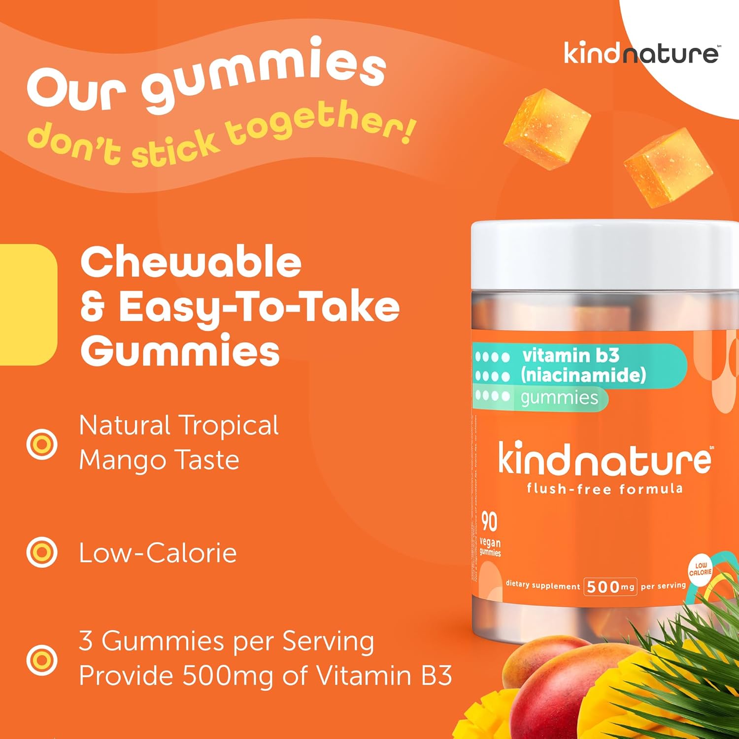 Kindnature Vitamin B3 Niacin Gummies - Flush Free Niacinamide 500Mg Supplement - Vegan, Non-Gmo, Low-Calorie, Gluten-Free, Soy-Fee, 3Rd Party Lab Tested - 1 Month Supply, 90 Chewable Gummies : Health & Household