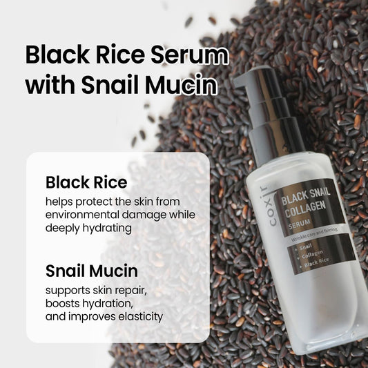 Coxir Black Snail Collagen Serum L Black-3-Complex: Black Rice, Bean, Sesame, Snail Mucin, Collagen, Peptide L Firming&Lifting L Korean Skin Care L Cruelty-Free, No Pareben [50Ml/1.69 Fl.Oz]