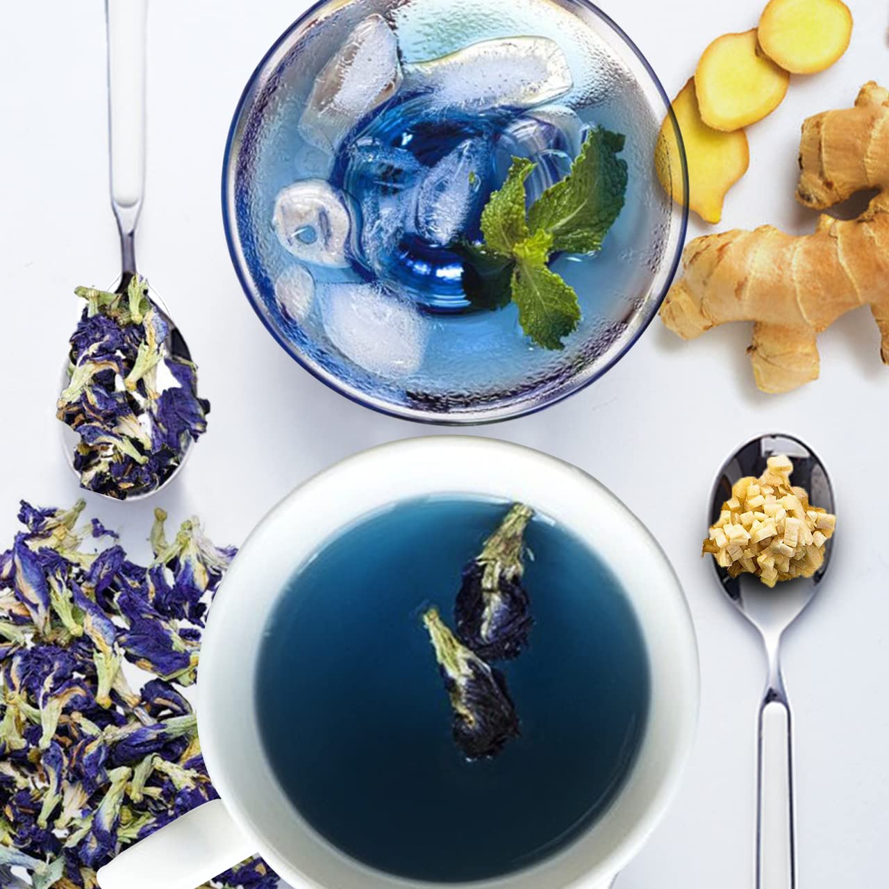 Blue Tea - Butterfly Pea Flower Tea - Ginger - 15 Count | Detox Tea | Flower Based - Herbal Tea - Caffeine Free - Vegan - Non-Bitter - Non Gmo | Tin Packaging