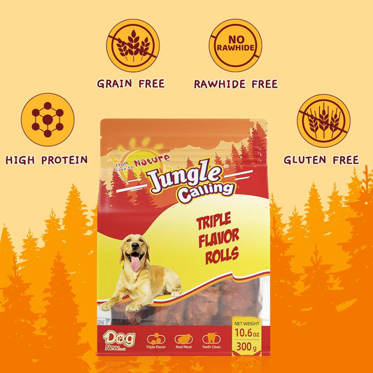 Jungle Calling Triple Flavor Rolls Dog Treats, Made With Real Chicken Duck Beef Meat, Rawhide Free Dog Snacks,Healthy, Easily Digestible, And High Protein Dog Treat, 10.6 Oz