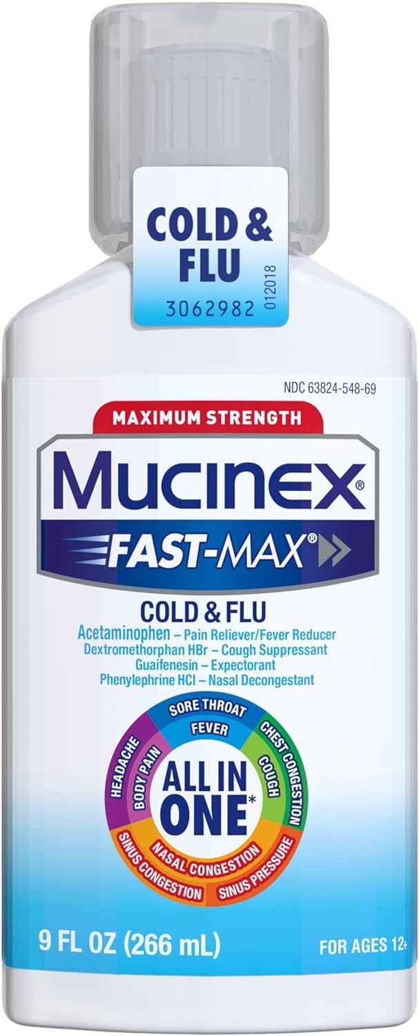 Mucinex Fast-Max Maximum Strength All-In-One Cold & Flu, 9 oz Bottle, For Use On Headaches, Body Pain, Sore Throats, Fevers, Chest Congestion, Cough, Nasal/Sinus Congestion, and Sinus Pressure