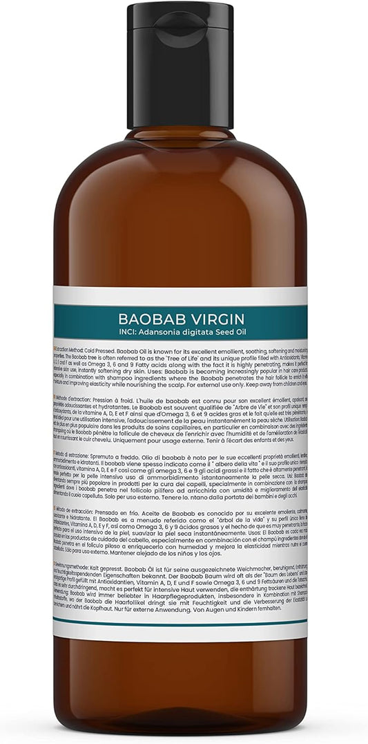 Mystic Moments | Baobab Virgin Carrier Oil 500ml - Pure & Natural Oil Perfect for Hair, Face, Nails, Aromatherapy, Massage and Oil Dilution Vegan GMO Free