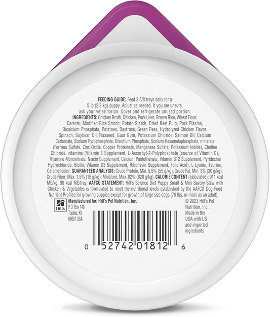 Hill'S Science Diet Puppy, Puppy, Small & Mini Breeds Puppy Premium Nutrition, Wet Dog Food, Chicken & Vegetables Stew, 3.5 Oz Tray, Case Of 12