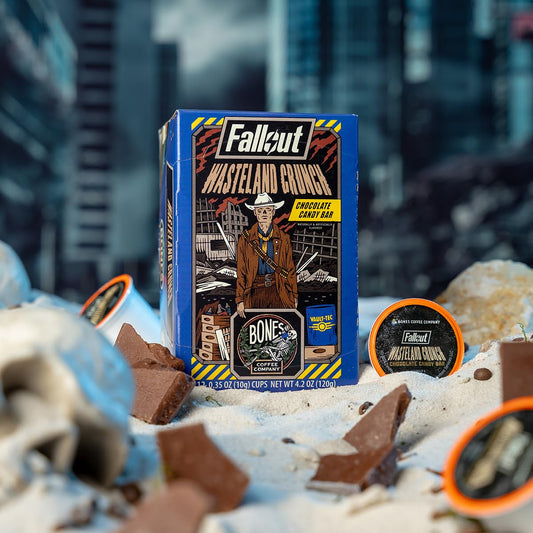 Bones Coffee Company Flavored Coffee Bones Cups Wasteland Crunch Flavored Pods Chocolate Candy Bar Flavor | 12ct Single-Serve Coffee Pods Inspired From Fallout Series