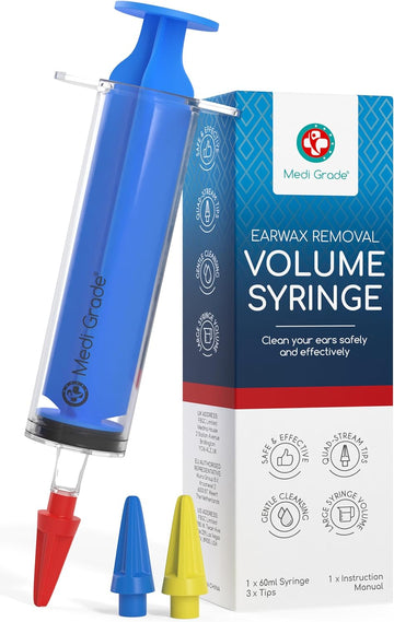 Medi Grade Large Ear Wax Removal Ear Syringe Kit With 3X Quad-Stream Tips, 60Ml - Natural Ear Cleaner Ear Wax Remover For Improved Aural Hygiene - Ear Wax Removal Kit Earwax Remover Tool