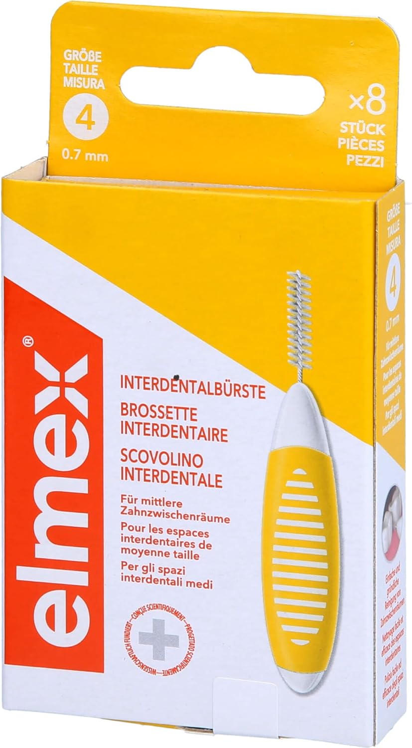 Elmex Interdental Brush Yellow, Size 4 (0.7 Mm), 8 Count, Ideal For Braces, Bridges And Implants, Soft Bristles, Recyclable Packaging