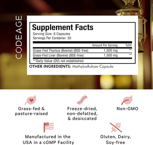 Codeage Grass Fed Beef Thymus Supplement Superfood, Freeze Dried, Non-Defatted, Desiccated Thymus & Liver Pills, Glandulars Meat, Pasture Raised Beef Vitamins, Non-Gmo, 180 Capsules