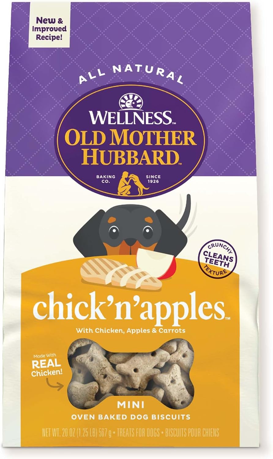 Wellness Old Mother Hubbard Classic Chick'N'Apples Natural Dog Treats, Crunchy Oven-Baked Biscuits, Ideal For Training, Mini Size, 20 Ounce Bag