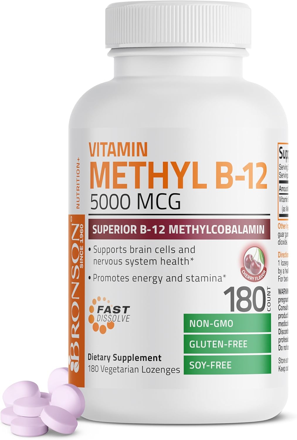 Bronson Methyl B12 5000 Mcg Vitamin B12 Methylcobalamin Energy & Brain Support, 180 Lozenges