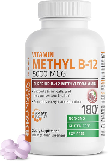 Bronson Methyl B12 5000 Mcg Vitamin B12 Methylcobalamin Energy & Brain Support, 180 Lozenges