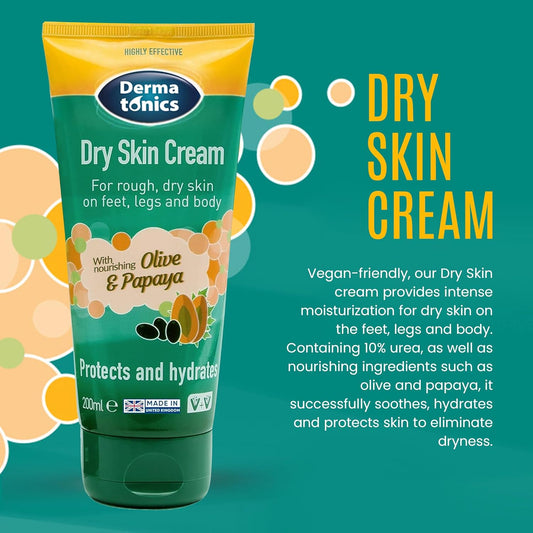 Dermatonics Natural Care Dry Skin Cream - Enriched With 10% Urea, Olive And Papaya Extracts, Long Lasting Hydration And A Gentle Scent For Smooth, Supple Skin, Vegan Friendly, 200 Ml