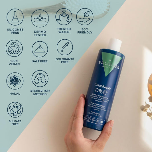 Valquer Total Repair Zero Shampoo. Repairs, Softens And Moisturizes Damaged And Dry Hair. Intense And Nutritious Hydration. With Green Caviar, Panthenol, Vitamin E And Cotton Capsules. Vegan. 400Ml