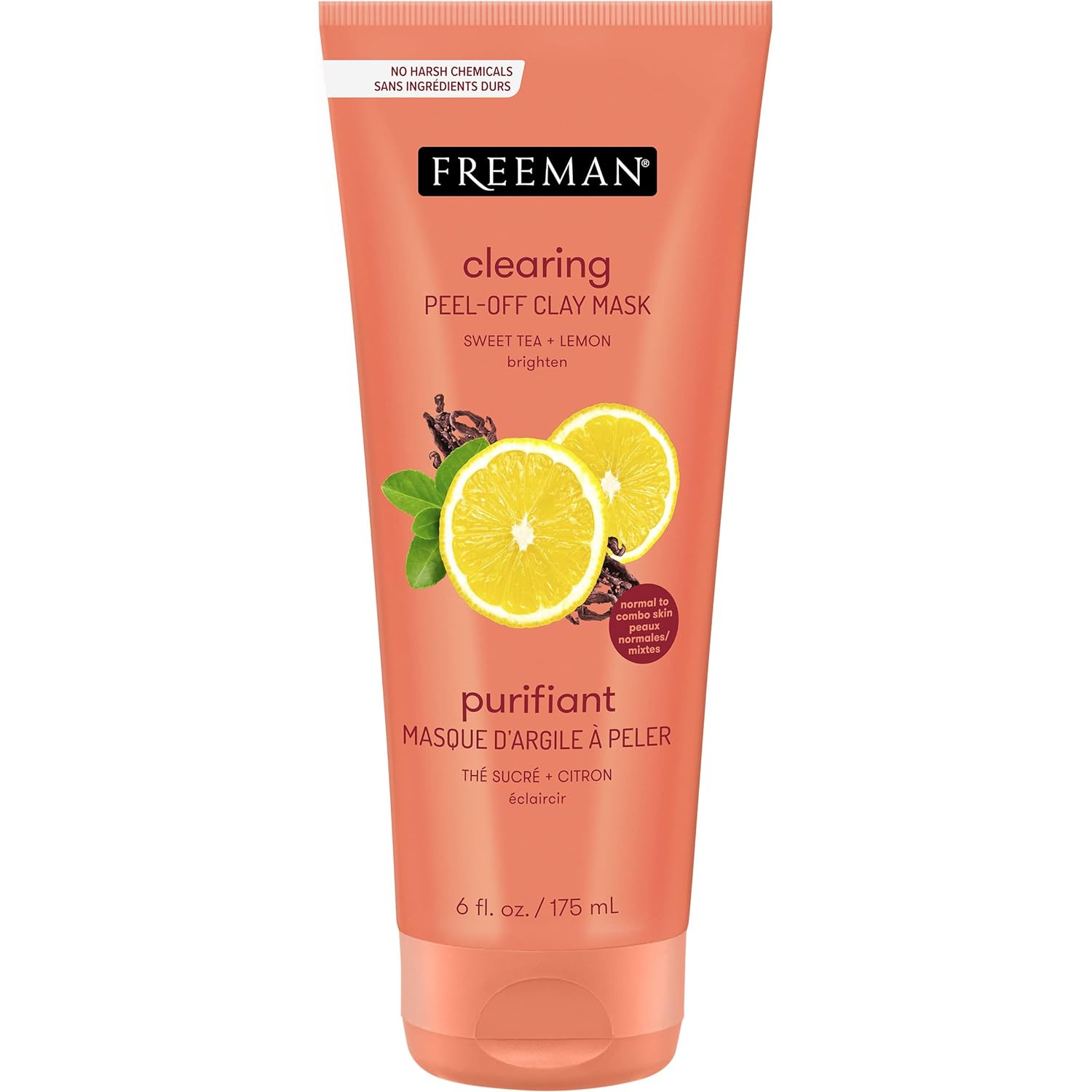 Freeman Clearing Sweet Tea & Lemon Peel-Off Clay Facial Mask, Antioxidant Rich Skincare Treatment, Protects Skin And Lightens Dark Spots, Face Mask, Combination Skin, 6 Fl.Oz./175 Ml Tube, 1 Count