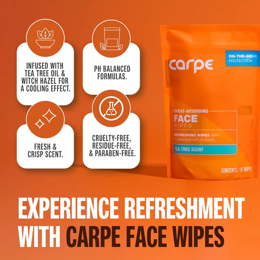 Carpe Sweat Absorbing Face Wipes (15 Facial Wipes). Witch Hazel & Tea Tree Oil Wipes Infused with Eucalyptus. Energizing, Refreshing, and Soothing. Sweat and Oil Control