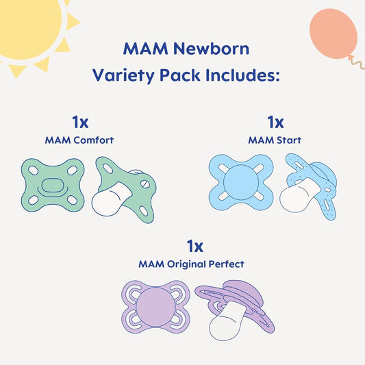 Mam Pacifier Newborn Variety Pack (1 Comfort, 1 Perfect Start, 1 Newborn Original Start) Best Pacifier For Breastfed Babies, 0-3 Months, Unisex, 3-Pack