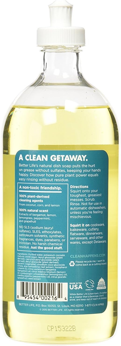 Better Life Dish Soap, All Natural, Lemon Mint, 22 Ounces (Pack Of 2)