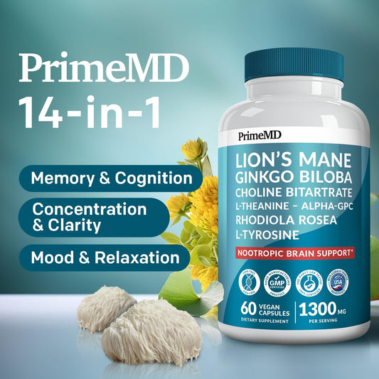 PrimeMD 14-in-1 Lions Mane Supplement Capsules - Nootropic Brain Supplement with Ginkgo Biloba for Memory and Focus - Alpha GPC, L Theanine and Choline Supplements with 1300mg Per Serving