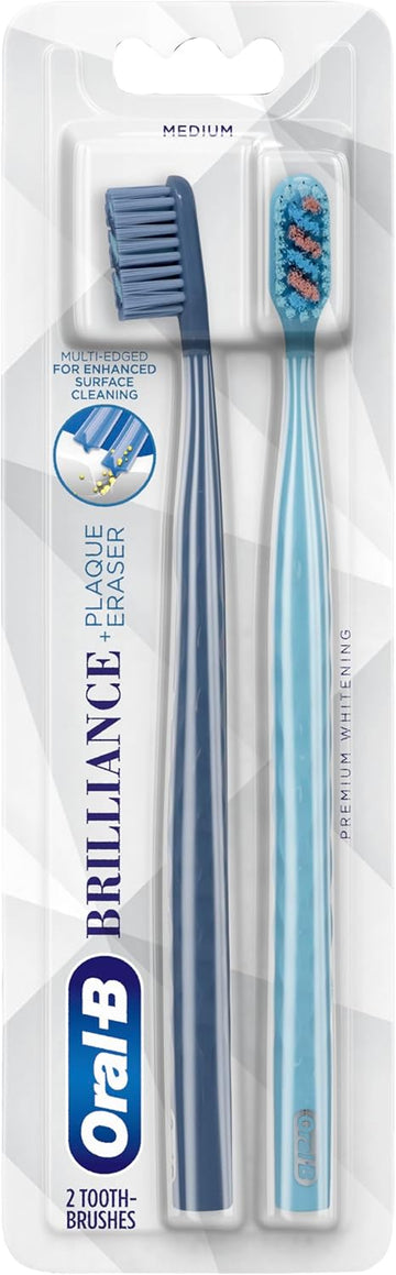 Oral-B Brilliance Premium Whitening Toothbrush With Plaque Eraser, Medium, Sky Blue And Gray, 2 Count