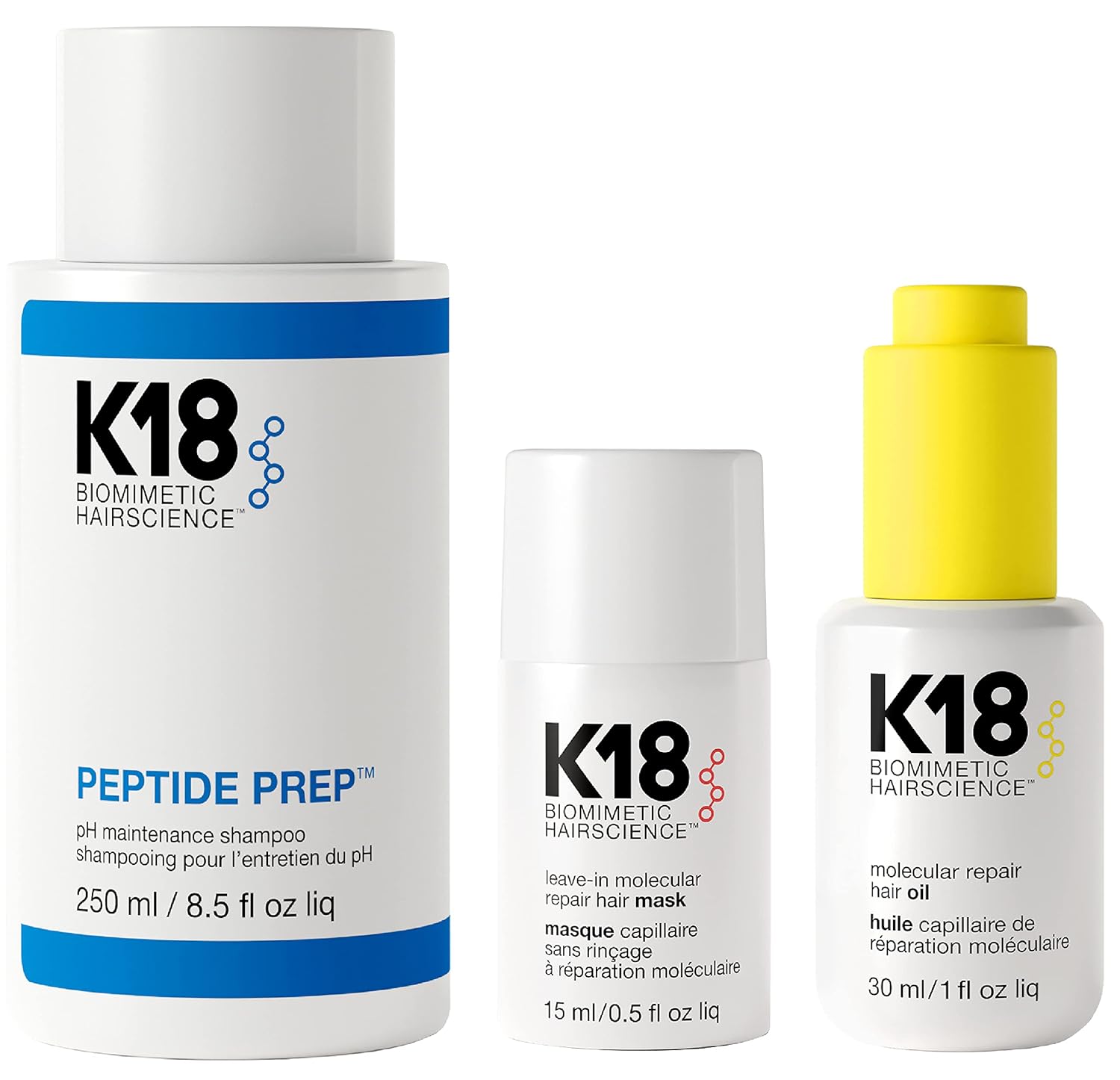 K18 Detox & Repair Bundle - Leave-In Repair Hair Mask, 4-Minute Speed Treatment(15ml), Color Safe Cleansing Shampoo (8.5oz) to remove build up, and Weightless Hair Strengthening Oil (30ml)