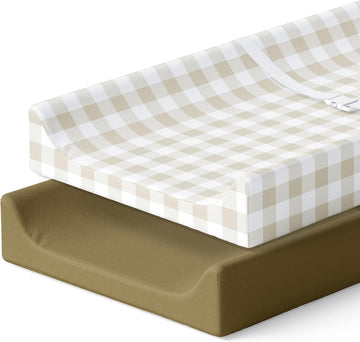 Pobibaby - 2 Pack Premium Changing Pad Cover - Ultra-Soft Jersey Knit, Stylish Ocean Pattern, Safe And Snug For Baby (Gingham Khaki)