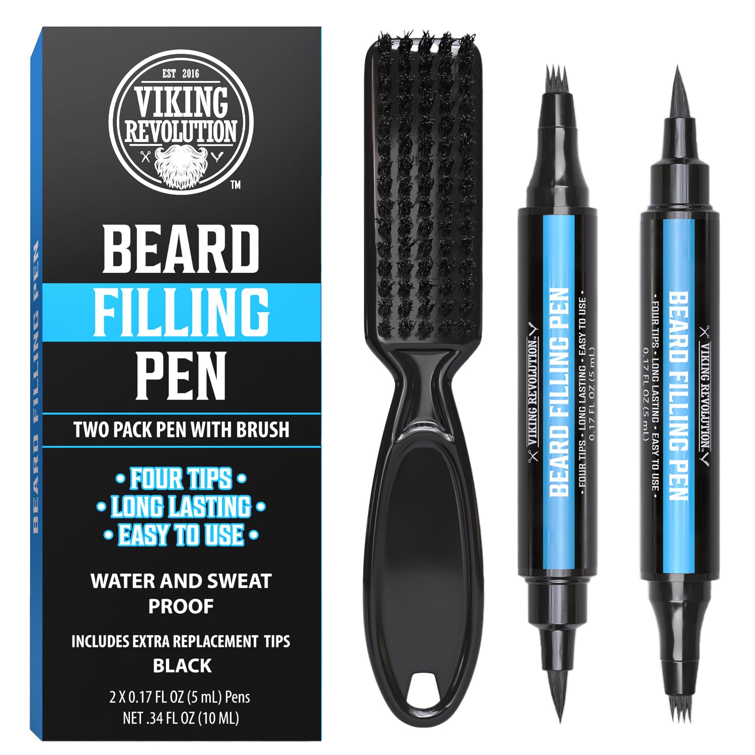 Viking Revolution Beard Pen (2 Pack) - Black Beard Pencil Filler For Men Lapiz Para Barba De Hombre - Beard Filler For Men Waterproof Beard Filling Pen Kit - Long Lasting Beard Filler Pen With Brush